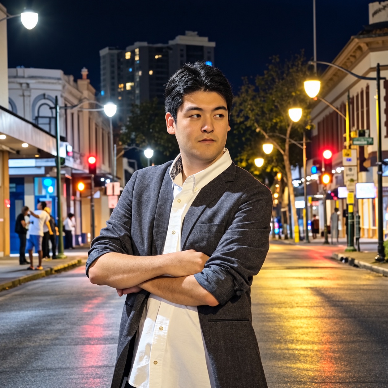 Darrin Chinen standing in downtown Honolulu at night